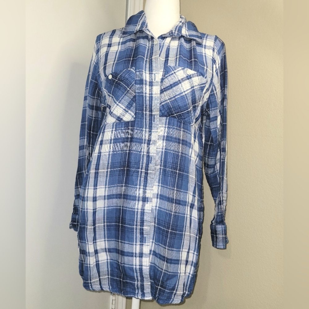 Cato Blue/White Plaid Large 3/4 Sleeve Button-Up Blouse